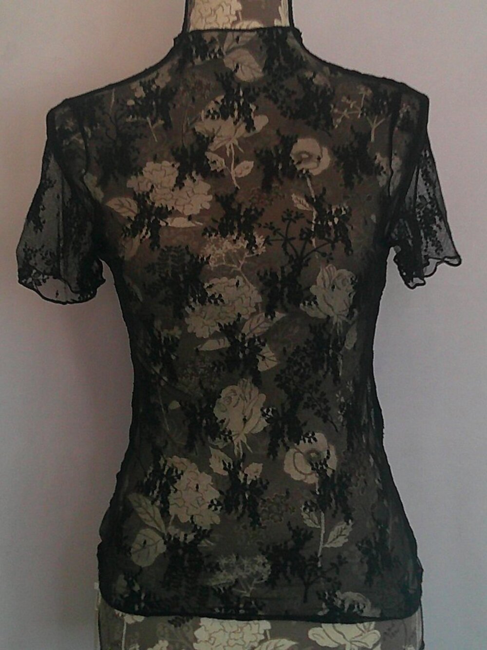 Reoria Lace Mesh Top NWT Medium Black Sheer Floral Mock Neck Fairy